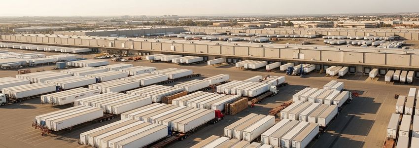 Commercial freight trailer yard with rows of semi-truck trailers at a large distribution center logistics facility