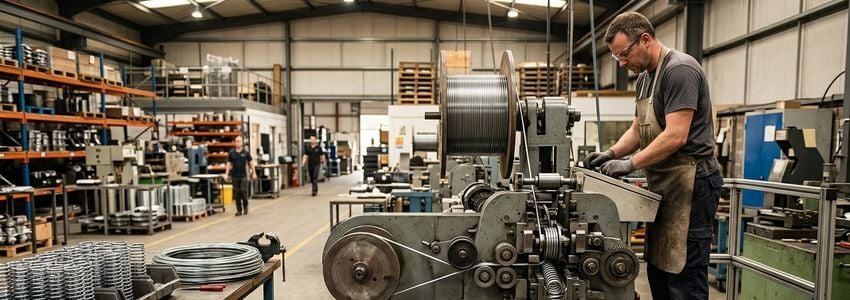 Welder fabricating steel trampoline frame components on a commercial production line