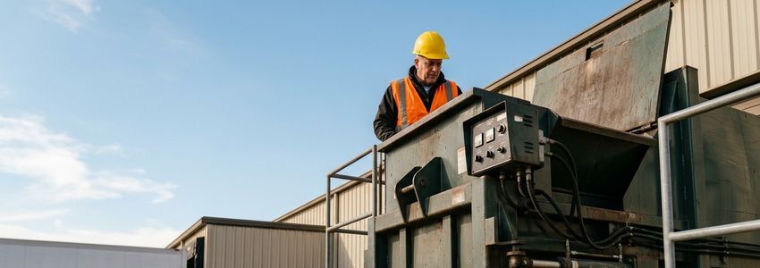 Facility manager inspecting a commercial trash compactor unit at a loading dock