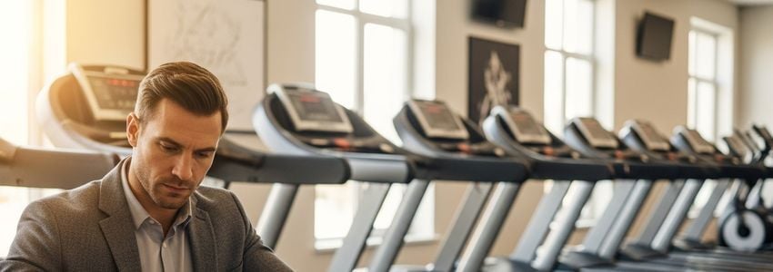 Gym owner reviewing commercial treadmill financing options at a modern fitness facility