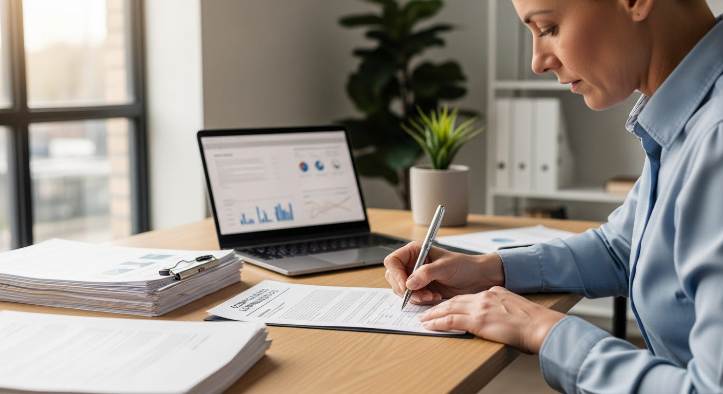 Business owner signing commercial truck financing documents at office desk