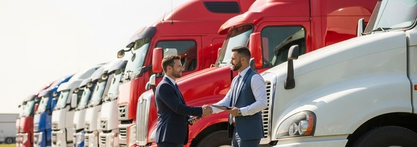 Commercial truck owner reviewing truck loan financing documents at their fleet yard