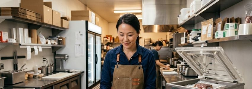Food business owner reviewing commercial vacuum sealer financing options in a packaging facility