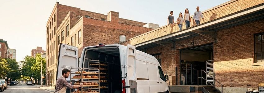 Bakery owner loading fresh bread trays into a commercial delivery van outside a bakery