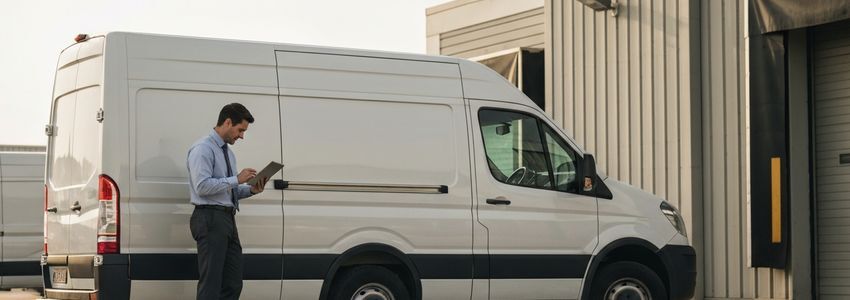 Business owner standing beside a commercial cargo van reviewing financing documents outside a warehouse