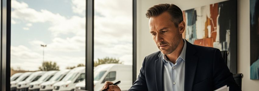 Business owner reviewing commercial vehicle financing documents at a fleet management office with trucks visible in the background