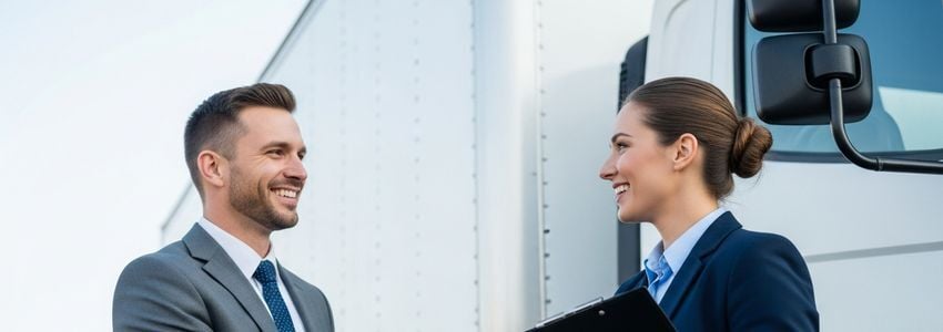 Business owner discussing commercial vehicle financing terms at a truck dealership