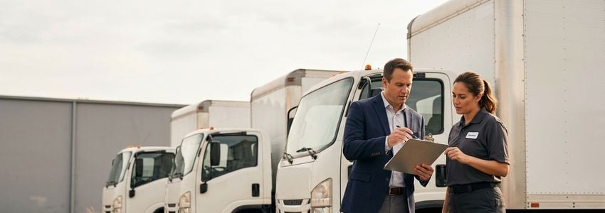 Fleet manager reviewing commercial vehicle leasing rate documents in front of a truck fleet
