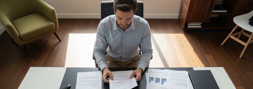 Small business owner reviewing commercial vehicle loan documents at desk