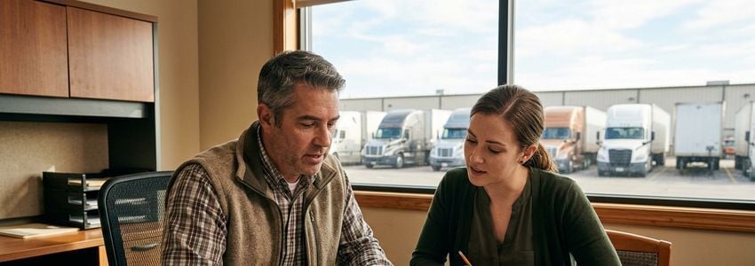 Fleet manager and office assistant reviewing commercial vehicle registration renewal and financing paperwork