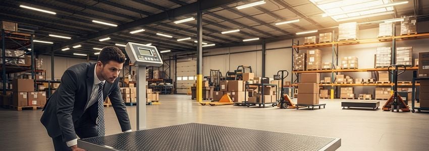 Business owner examining commercial platform scale in a warehouse facility for weighing equipment financing