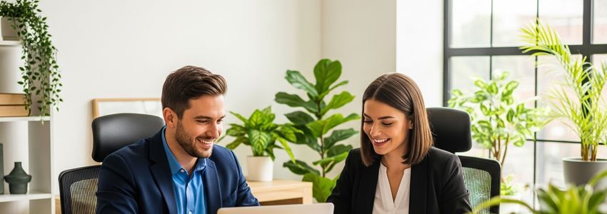 Business owners reviewing loan options at a modern office desk