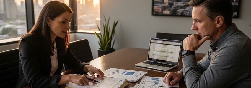 Financial advisor explaining MCA contract mistakes to business owner