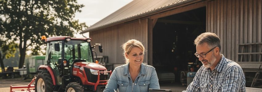 Farm owner reviewing compact tractor financing options at a farm office with tractor visible in background