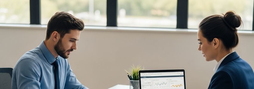 Business owner reviewing business loan comparison documents with a financial advisor in a professional office