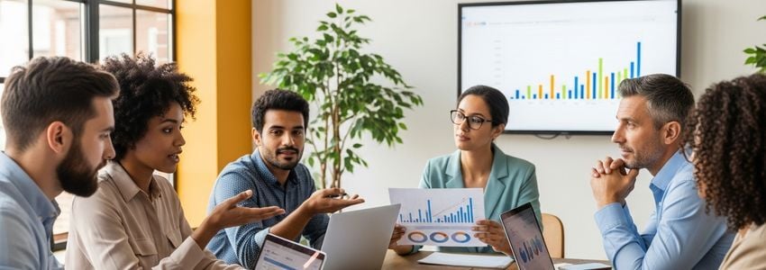 Small business team collaborating on competitive strategy in a modern office