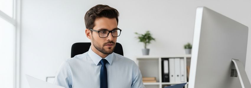Compliance consulting professional reviewing regulatory documents and business loan options at office desk