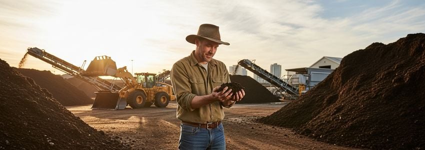 Composting business owner reviewing operations at a commercial composting facility