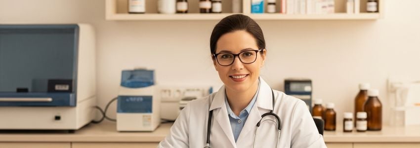 Compounding pharmacy owner reviewing business loan documents at desk with pharmacy equipment in background
