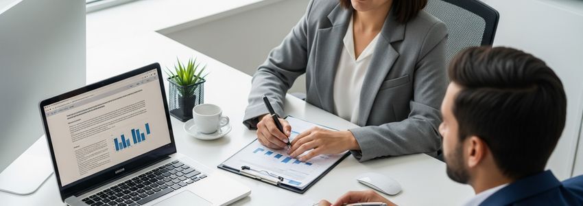 Business owner reviewing computer leasing agreement with financial advisor