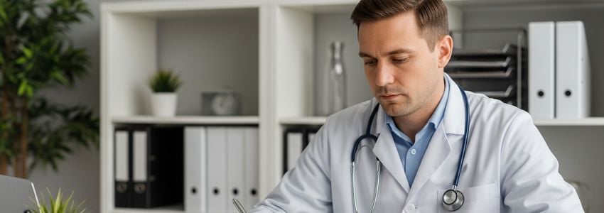 Concierge medicine physician reviewing practice financing documents at a modern medical office desk