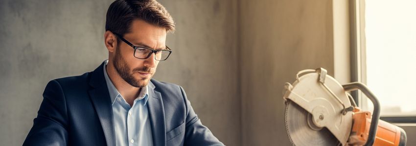 Concrete cutting business owner reviewing financing documents and blueprints in a construction office