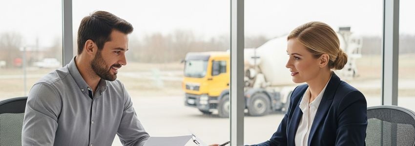 Contractor reviewing concrete mixer truck financing documents with a financial advisor