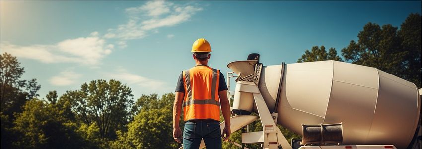 Construction contractor standing beside a concrete mixer truck at a job site, reviewing financing options
