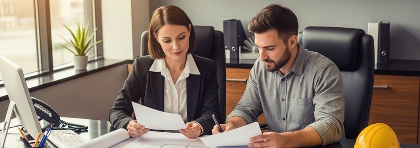 Concrete contractor and lender reviewing concrete pump financing documents at an office