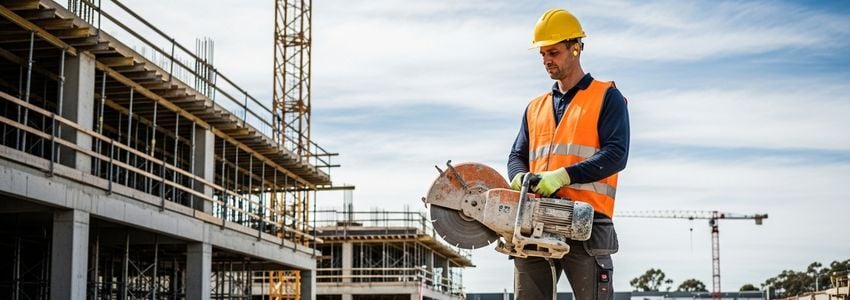 Contractor examining a concrete saw on a commercial construction site
