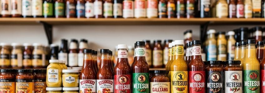 Artisan condiment jars and sauce bottles on shelves in a specialty food shop, representing a condiment company business