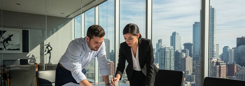 Real estate developers reviewing condo development plans in a modern office with city skyline view