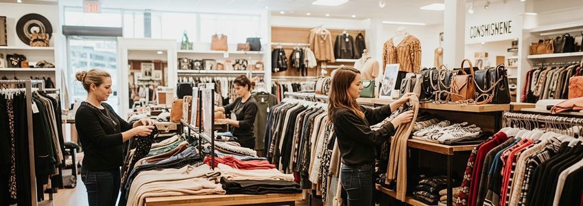 Consignment store employee organizing merchandise and inventory in a well-lit retail resale shop