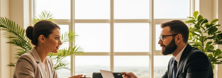 Business owner and financial advisor reviewing loan consolidation options at conference table