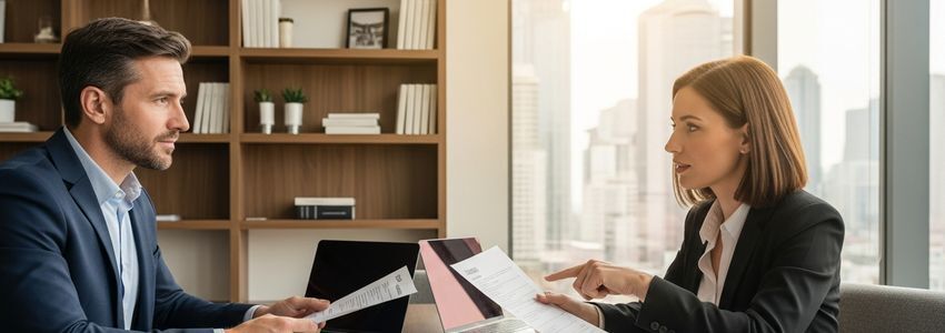 Business advisor and small business owner reviewing loan consolidation and refinancing options in a professional office setting