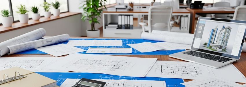 Construction project blueprints and financing documents on a professional office desk