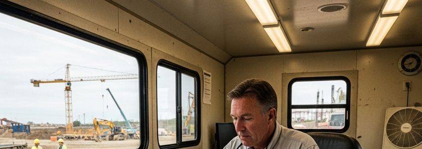 Construction company owner reviewing project blueprints and financial documents