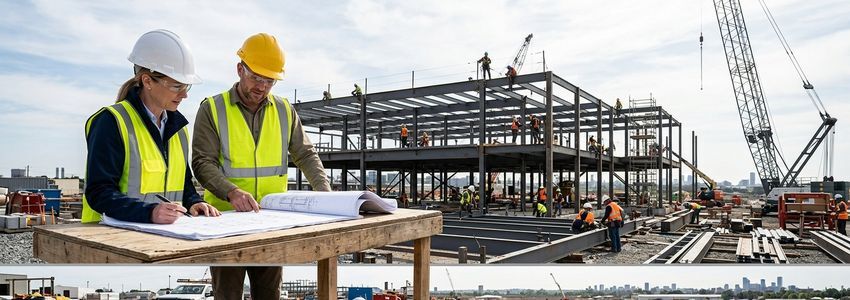 Commercial construction site with cranes and workers, representing construction company business loans