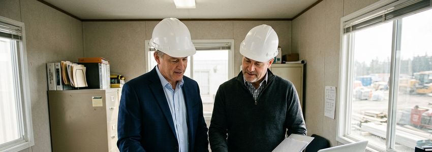 Two construction business owners in hard hats reviewing financial documents at a construction site office, professional setting with natural lighting