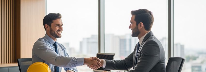 Construction company owner meeting with a business loan advisor to discuss financing options