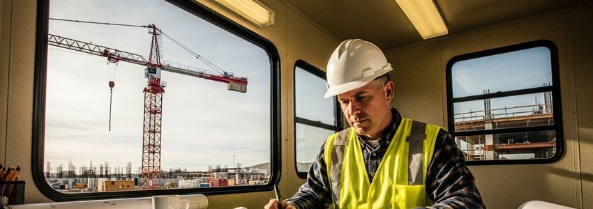 Construction contractor reviewing crane financing documents at job site trailer