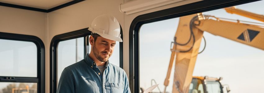 Construction business owner reviewing equipment financing documents at a job site