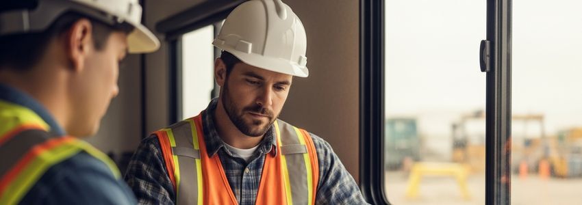 Construction contractor reviewing equipment financing documents at a job site trailer with heavy machinery visible in background