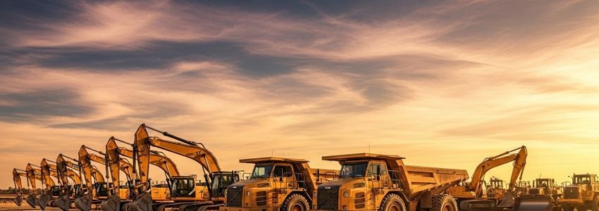 Fleet of construction equipment including excavators and dump trucks at a job site, illustrating the importance of choosing the right equipment financing strategy