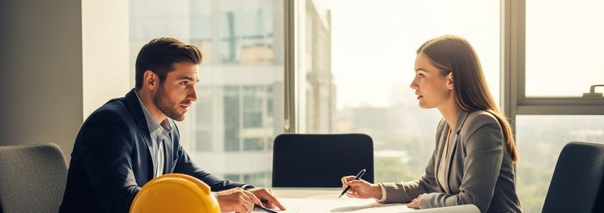 Construction business owner and loan advisor reviewing expansion financing options in a professional office meeting
