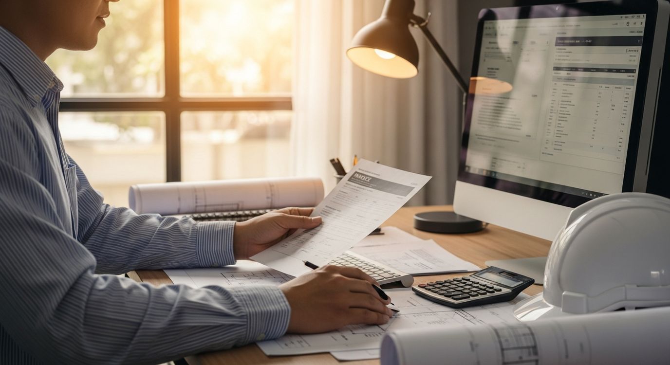 Construction contractor reviewing invoices and financial documents for factoring