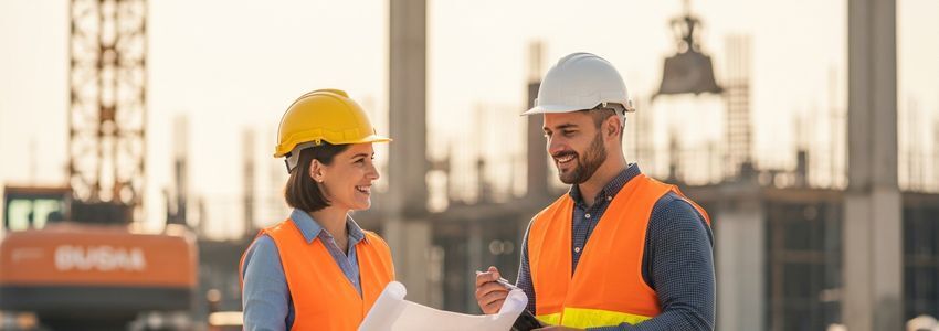 Construction professionals reviewing project financing and line of credit options on a job site