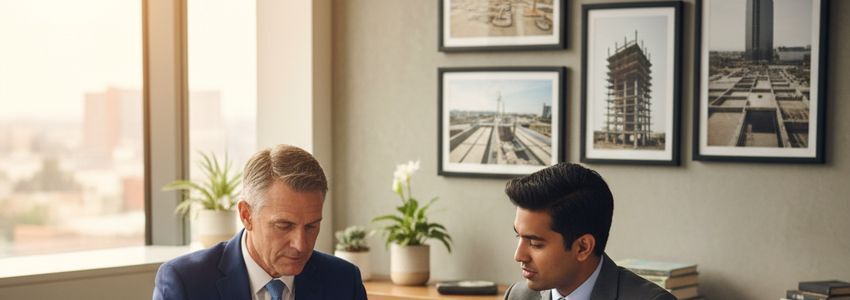 Construction company owner reviewing business loan statistics with financial advisor