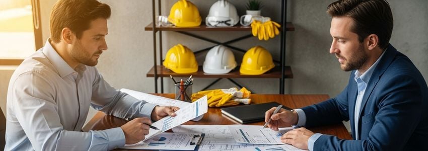 Construction business owners reviewing financing documents and blueprints with Crestmont Capital