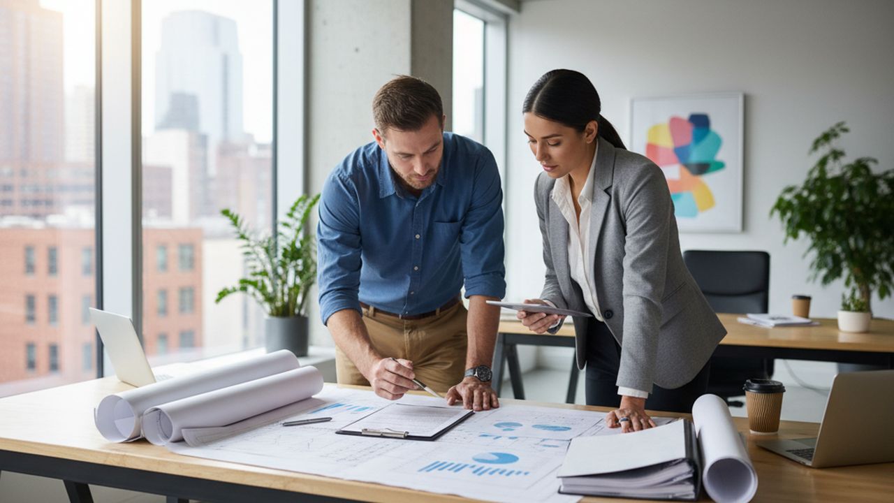 Contractor and financial advisor reviewing construction loan documents at a modern office